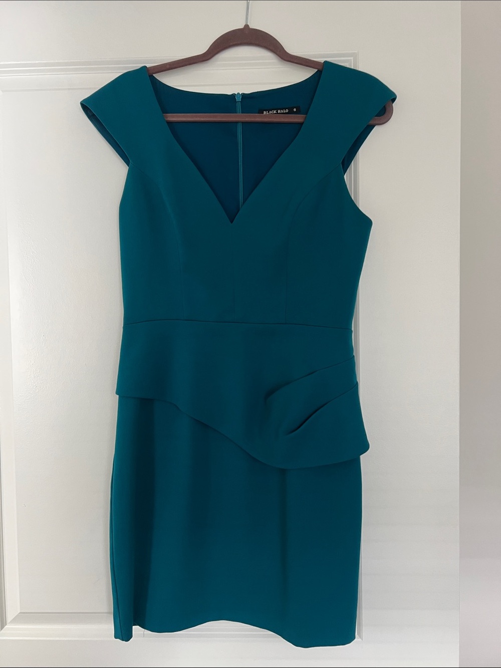 Black Halo Teal V-Neck Peplum Midi Dress